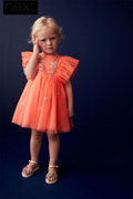 英国Next女童珊瑚粉绣花网纱派对礼服连衣裙洋装U78-252