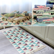 北欧地垫纯手工编织纯棉地毯，卧室床边毯简约几何地垫棉线流苏地垫