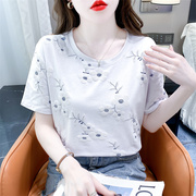 纯棉花朵印花白色t恤女短袖半袖体恤夏装韩版宽松显瘦上衣