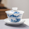 手绘大号盖碗泡茶杯，单个青花瓷三才茶碗，陶瓷山水功夫茶具