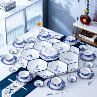 23年夜饭家庭六角拼盘餐具组合过年盘子创意菜盘陶瓷家用碗碟套装