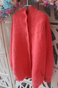 橙红色大板型单排扣开衫手工葡萄立体刺绣带兜兜毛衣外套兔毛