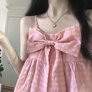 少女感温柔粉红色格子蝴蝶结背心小吊带纯欲无袖外穿可爱上衣夏季