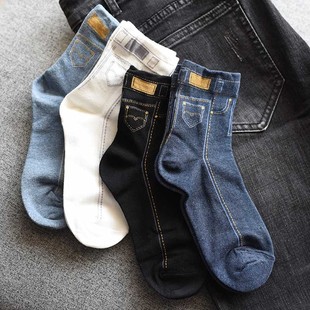 韩国个性袜子女潮人创意百搭学院风复古蓝色牛仔裤图案纯棉中筒袜