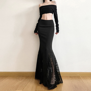 gagaopt自制蕾丝拼接黑色，西装半身裙春季高腰，显瘦包臀鱼尾裙