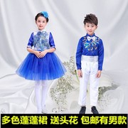 元旦长袖宝蓝色儿童演出服小学生合唱舞蹈服蓬蓬，公主裙礼服表演服