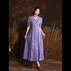 系带v领牛仔长裙，2023夏季女士复古设计感开衫紫色气质连衣裙