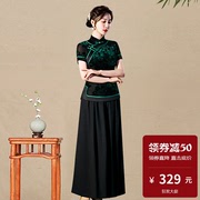 植绒旗袍上衣+半身裙，两件套装唐装老上海高级感名媛正宗传统老式