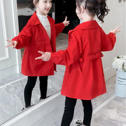 童装女童红色风衣2022春秋中长款上衣，中大童加棉加厚洋气外套