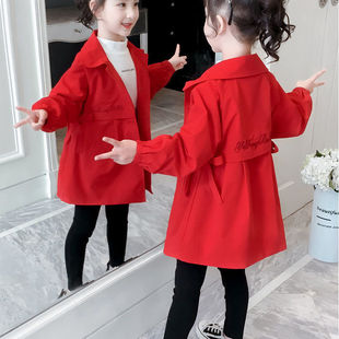童装女童红色风衣，2022春秋中长款上衣中大童加棉加厚洋气外套