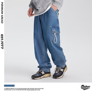 深蓝色侧边大口袋潮牌牛仔裤士复古水洗直筒档宽松工装长裤