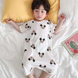 儿童睡衣连体夏季男童短袖睡袍，宝宝薄款女童卡通睡裙防踢被竹纤维