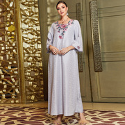 2023紫灰刺绣提花重工，宫廷连衣裙中东风迪拜旅行服装宽松大码长裙