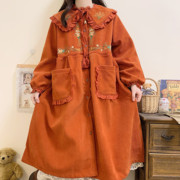 森系复古灯芯绒加绒脱卸娃娃领系带冬季橘色外套中长款加厚棉衣女