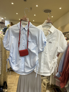 韩版夏季潮流韩国东大门显白净色短袖小刺绣，polo领单排扣衬衣
