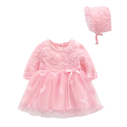 婴儿连衣裙秋女满月长袖蕾丝纯棉红色套装0-1岁女宝宝百天公主裙