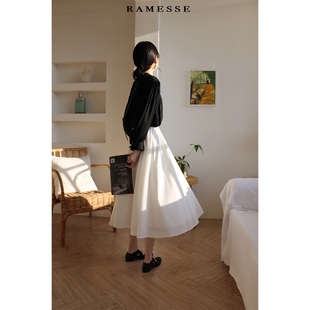 ramesse复古文艺伞裙大摆裙蓬蓬裙中长款雪纺，白色半身裙女春秋