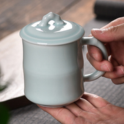 青瓷茶杯陶瓷带盖家用中式简约竹节杯会议办公水杯女士专用泡茶杯