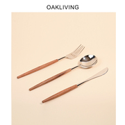 oakliving餐具复古实木柄叉，勺3件套不锈钢，家用西餐牛排全套装