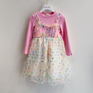 100-140韩系女童粉彩色圆点网纱拼接假两件长袖连衣裙