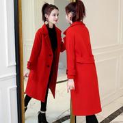 大红色大衣中长款秋冬季韩版呢子宽松显瘦气质毛呢风衣外套