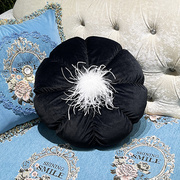 欧式圆枕高档蚕丝绒圆形抱枕，白色鸵鸟毛装饰(毛装饰)客厅沙发靠垫含芯可拆