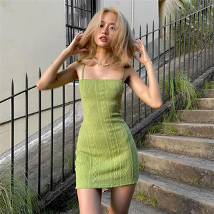 KLIOU 牛油果绿色针织吊带裙显瘦收腰菱形格纹复古连衣裙包臀短裙