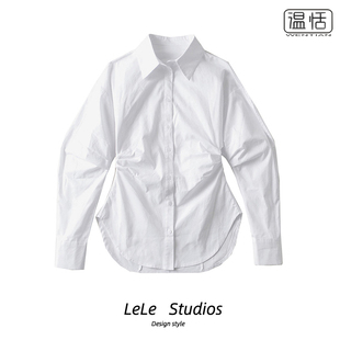 白色收腰显瘦长袖衬衫女小众，设计感双侧，抽褶气质修身衬衣