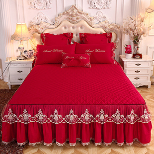 婚庆大红色夹棉床裙式床罩单件，公主风蕾丝，刺绣花边加厚保护套防滑