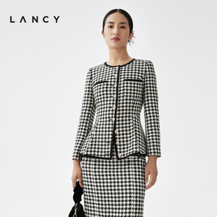 LANCY/朗姿2023秋冬收腰小香风外套女黑白格子套装复古优雅