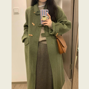 秋冬装韩版复古高级感小个子呢子大衣绿色牛角扣中长款毛呢外套女