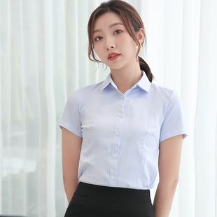 职业衬衫女短袖白色底蓝色竖条纹，工作服夏银行(夏银行，)正装薄修身显瘦衬衣