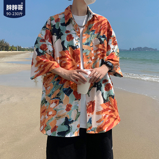 出差夏威夷花衬衫男士夏季短袖，宽松沙滩薄款衬衣，复古休闲潮流外套