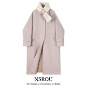 小个子粉色双面羊毛绒，大衣女秋季中长款气质温柔加厚夹棉毛呢外套