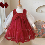女童套装连衣裙冬季宝宝生日礼服裙子小女孩红色拜年服加绒公主裙