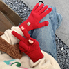 气氛红色针织手套女冬季纯色，学生漏指可触屏玩手机毛线保暖长腕款