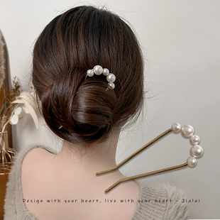 法式ins发叉金属珍珠u型发簪气质，发钗挽发盘发头饰女新中式现代