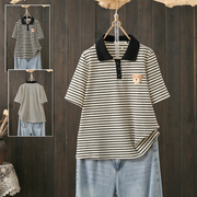 夏季大码200斤ins韩版polo领条纹短袖t恤设计感小众刺绣减龄上衣
