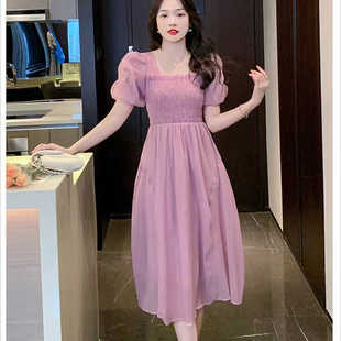 法式方领高级感紫色雪纺连衣裙女装夏季收腰气质别致绝美超仙长裙