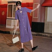 法式小众复古显瘦设计感紫色长款衬衫裙子2023年夏天连衣裙女