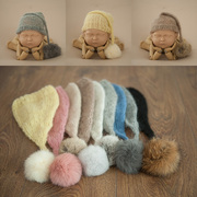 新生儿满月百天儿童拍照马海毛，手织长尾獭兔毛，球帽子摄影道具帽子