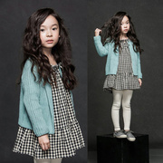 韩国童装女童春秋季英伦，风学院黑白，格子长袖连衣裙儿童棉麻娃娃裙