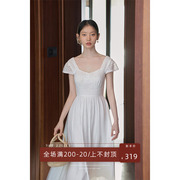 美丽的皇帝镂空拼接白色，盖袖连衣裙女夏季显瘦a字长裙
