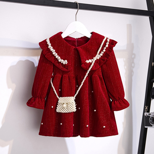 女童红色翻领珠珠加绒连衣裙，2023冬装儿童洋气公主裙宝宝年服