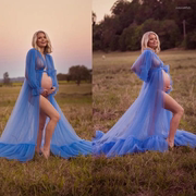 女士孕期写真蓝色宽松腰网纱公主长裙纯色甜美孕妇系带连衣裙长袖