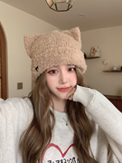 敲可爱韩国猫咪耳朵毛绒帽套头帽秋冬季百搭冷帽保暖护耳羊毛帽子