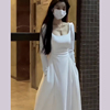 法式白色长袖方领连衣裙子早秋季2023女装小个子修身气质长裙