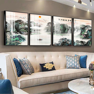 新中式客厅装饰画中国风沙发，背景墙挂画字画，四联办公室山水画晶瓷