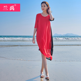 红色雪纺度假连衣裙女夏2023过膝宽松中长款显瘦三亚沙滩长裙