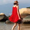小个子短裙沙滩裙夏季女短款无袖，挂脖连衣裙红色，雪纺风琴褶裙子